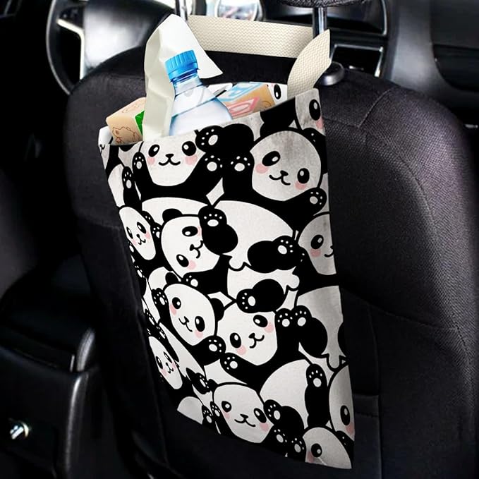Car Trash Bag Hanging No Snap Small Garbage Bag for Car Back Seat Cute Printed One-handed Strap Trash Bags Car Accessories-Panda Car Trash Bags