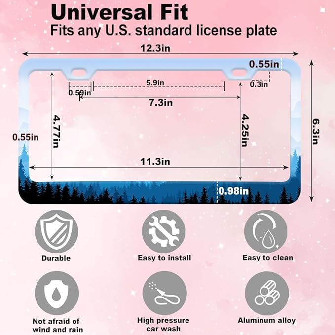 1pcs Mountain License Plate Frame for Women,Natural Pine Forest Mountain Horizon Landscape car Decorative tag Frames Girly,Blue Botanical License Plate Cover Holder for Vehicle with car Keychain tag