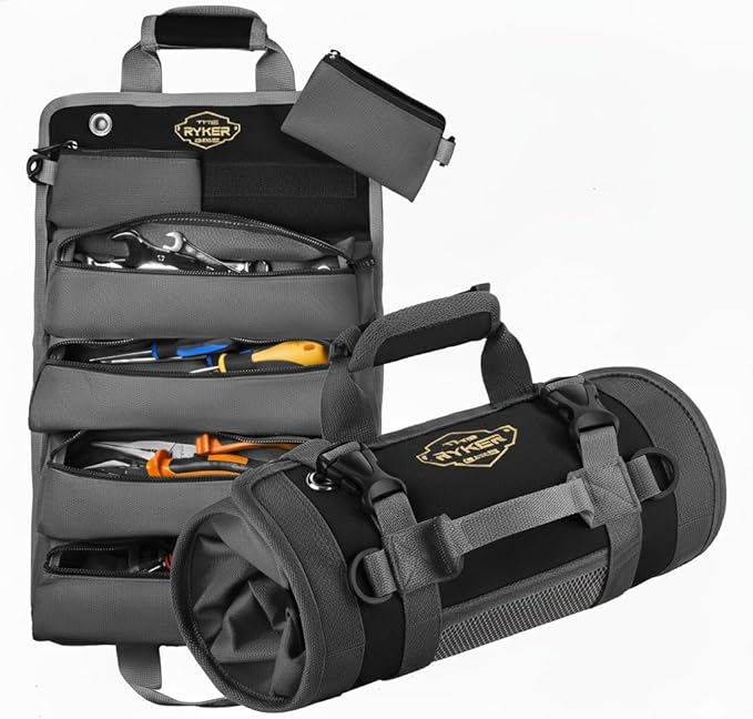 The Ryker Roll Up Tool Bag Organizer Gifts for Dad. Heavy Duty Motorcycle Tool Roll Bag Organizer. Portable Rollup Toolbag w/Detachable Pouches - Tools Bags Mens gifts for him/Mechanic (Black)