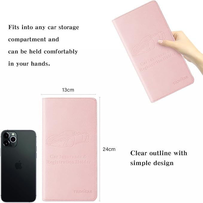 Leather Car Registration and Insurance Card Holder, Car Document Holder for Cards License with Magnetic Shut (Pink, large)