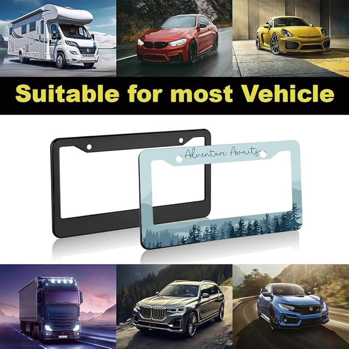 2pcs Mountain Adventure Awaits License Plate Frame for Women,Natural Pine Forest Mountain Horizon Landscape car Decorative tag Frames Girly,Blue Botanical License Plate Cover Holder with Keychain tag