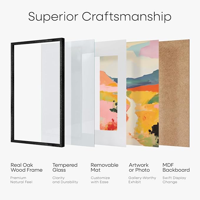 Homeforia 14x17 Picture Frame Black Wood, High End Oak 14x17 Frames with Mat 11x14 Photo, 14 x 17 Wooden Poster Frame Matted to 11 by 14 Print, 17x14 Hanging Frames, Tempered Glass, Wall Kit, Set of 1
