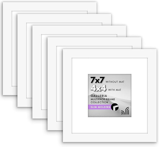 Americanflat 7x7 Picture Frame with Polished Plexiglass - Set of 5 - Use as 4x4 Frame with Mat or Display 7x7 Photo Without Mat - Galleria Collection - Square Frames for Tabletop and Wall - White