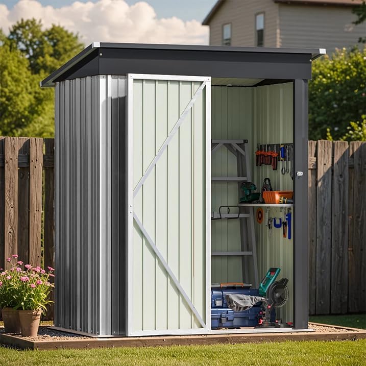 Greesum 5×3 FT Outdoor Storage Shed, Metal Storaged Sheds Without Floor, Tool Sheds with Lockable Doors and Sloping Roof for Garden, Patio, Backyard, White