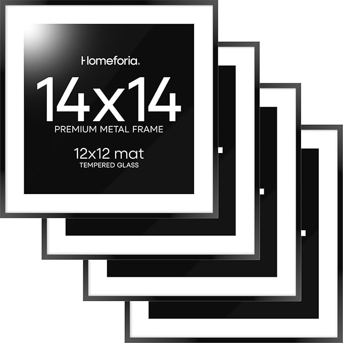 Homeforia 14x14 Picture Frame Black, High End Metal 14 x 14 Square Poster Frames with Mat 12 x 12 Photo, 14x14 Black Frame Matted to 12x12 Print, 14by14 Thin Frames, Tempered Glass, Wall Kit, Set of 4