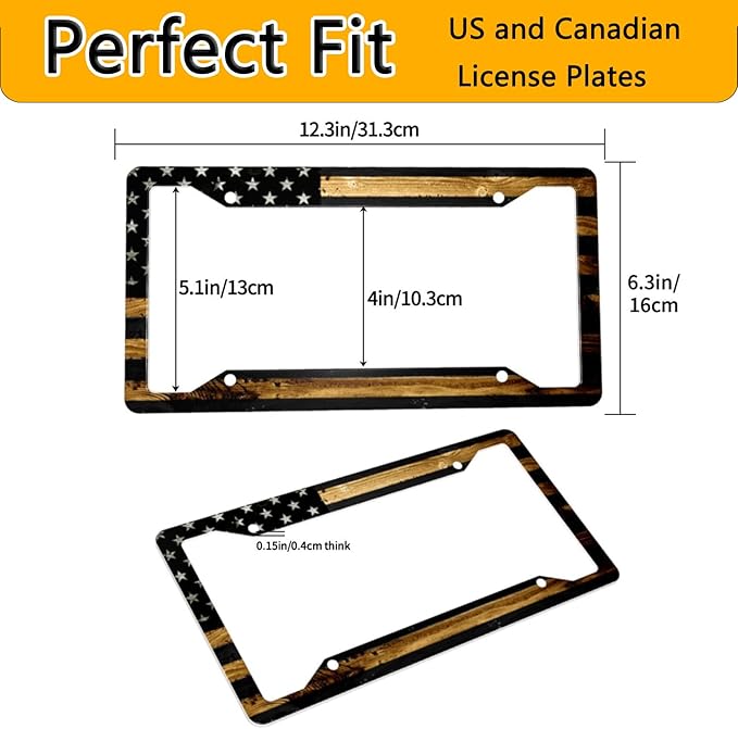 License Plate Frame 2 Pack Front Rear Aluminum Metal Rust-Proof Universal Car Tag Frames Holder with 4 Holes Car Decor Accessory with Screws for Men Women - Wood American Flag