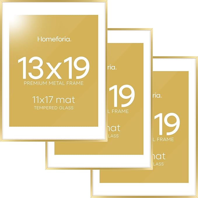 Homeforia 13x19 Picture Frame Gold, High End Metal 13x19 Poster Frames with Mat 11x17 Photo, 13 x 19 Gold Frames Matted to 11 by 17 Print, 19x13 Thin Hanging Frames, Tempered Glass, Wall Kit, Set of 3