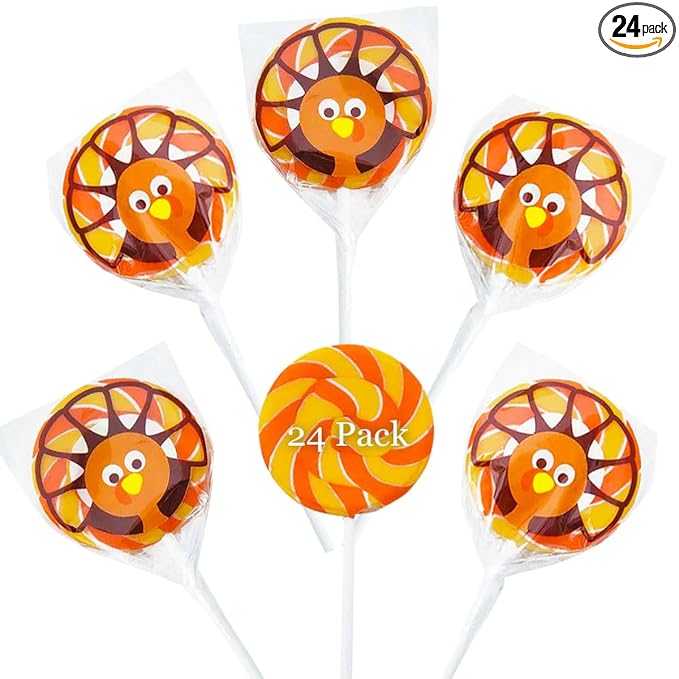 Turkey Swirl Lollipops - 24 Candy Suckers Individually Wrapped Bulk - 2 Inch Pops - Great for Thanksgiving Candy