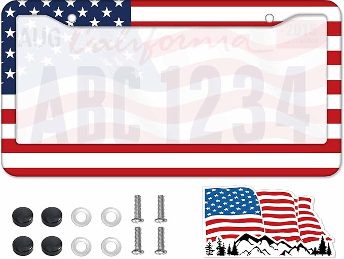 1PCS American Flag License Plate Frame Holder - USA Stars and Stripes Auto Universal Aluminum Matte Car Tag Holder Covers with Sticker & Screws for Men