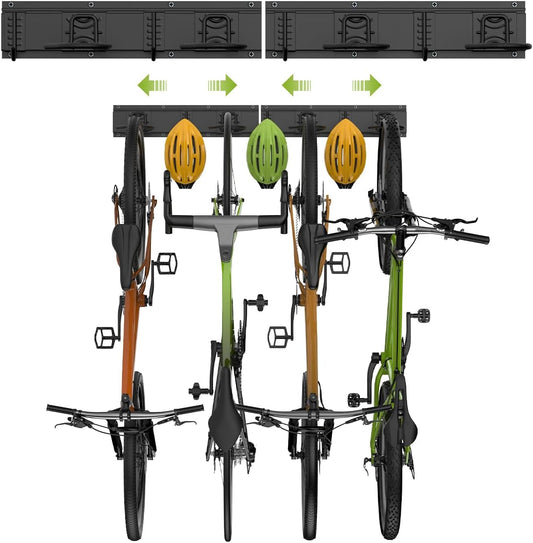 Bike Storage Rack 32Inch for 4 Bikes + 3 Helmets, Up to 300lbs, Heavy Duty Bike Hangers for Garage, Bike Hooks for Garage, Solid Steel Bicycle Storage, Bike Wall Mount, Black