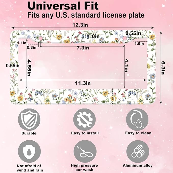 2pcs Wild Flowers Floral License Plate Frame for Women, White Flowers Floral car Decorative tag Frames Girly, Natural Life Theme License Plate Cover Holder for Vehicle with Double Sided Keychain tag