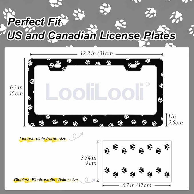 2pcs Black White Dog Paw Print License Plate Frame for Women, Pet Foot Print Car Tag Frames Girly for Vehicle with Non Adhesive Electrostatic Sticker