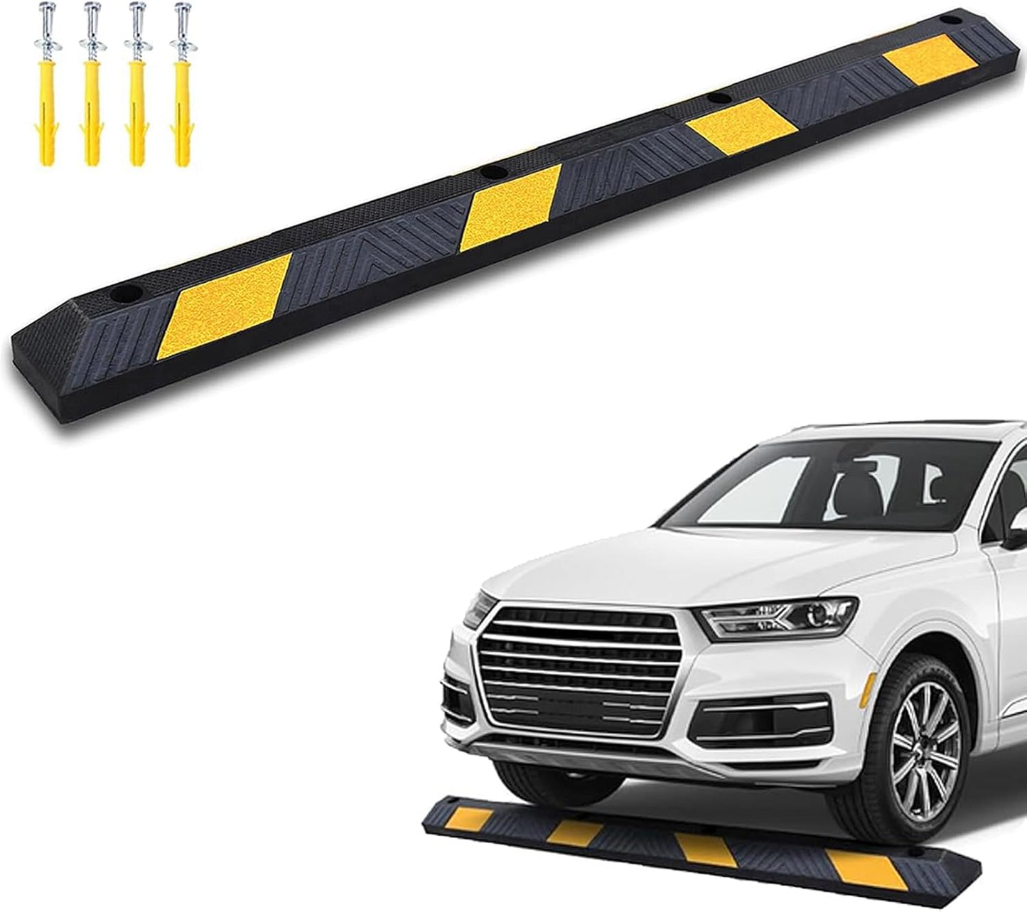 72" Rubber Parking Curb, Heavy Duty Parking Lot Stopper, Garage Floor Stopper, Wheel Stopper with Hi-Vis Yellow Reflective Stripe, for Car Truck Trailer Vehicles Driveway