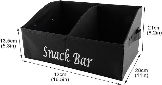 Snack Organizer for Countertop, Fabric Snack Basket with Handles, 2 Large Compartment Snack Container Bin Holder, Snack Bar Station Decor, Kitchen Pantry Organizer and Storage, Black