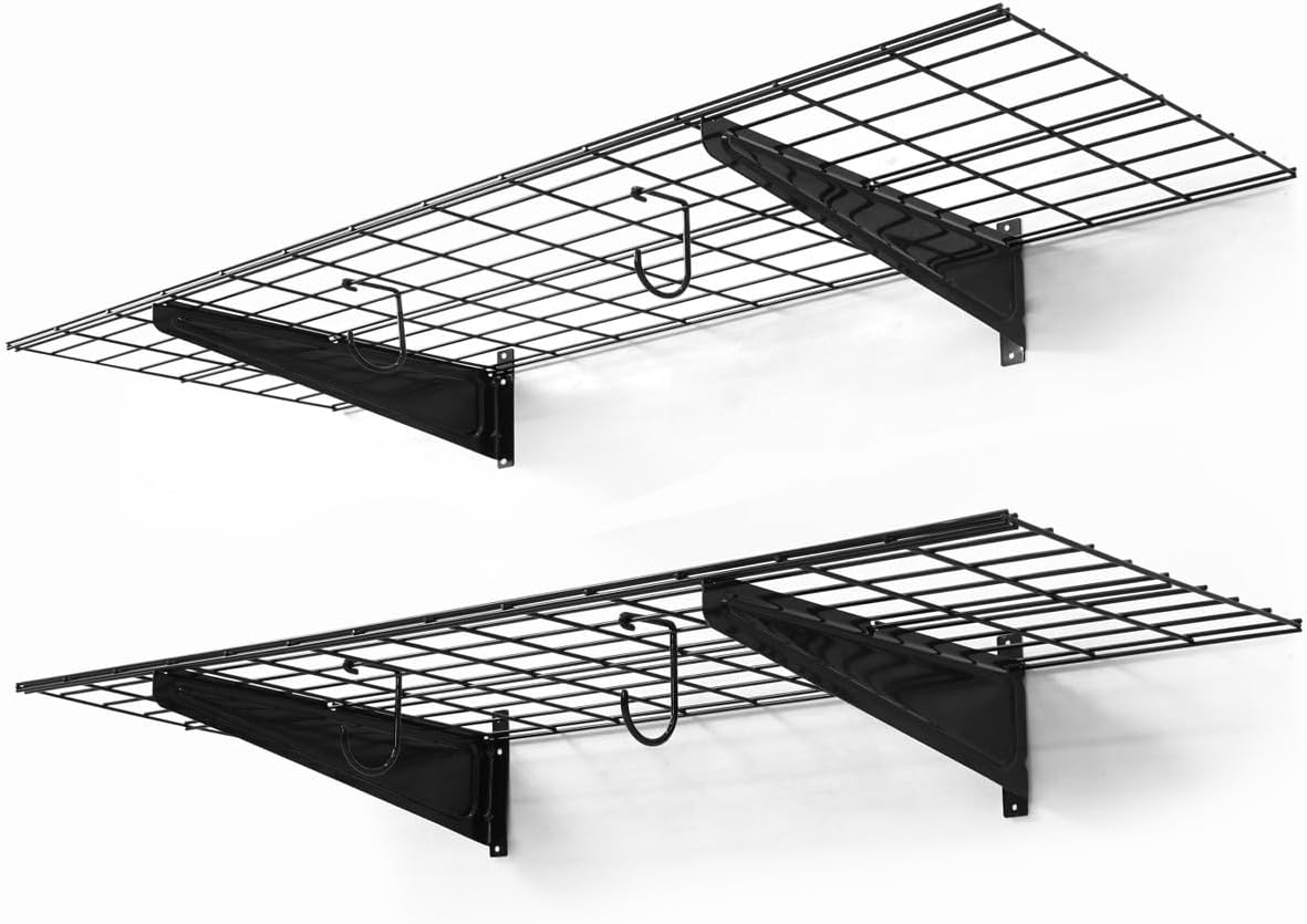 CAPHAUS Garage Wall Shelving, 48 in. W x 18 in. D Wall Mounted Garage Shelves w/ 2 Bike Hooks, Heavy Duty Organizer Shelf for Garage Storage System, Black or White