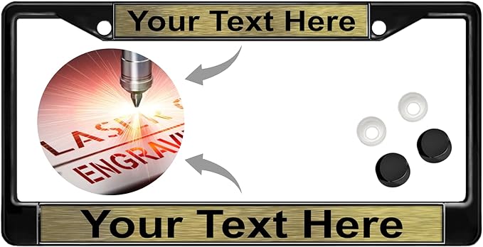 Custom Personalized Black Powder-Coated Metal Laser Engraved Standard Size - Car/Automobile License Plate Frame with Free caps - Gold/Black Text (Qty: 1 Frame)