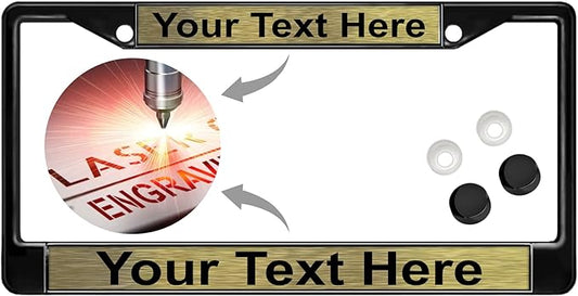Custom Personalized Black Powder-Coated Metal Laser Engraved Standard Size - Car/Automobile License Plate Frame with Free caps - Gold/Black Text (Qty: 1 Frame)
