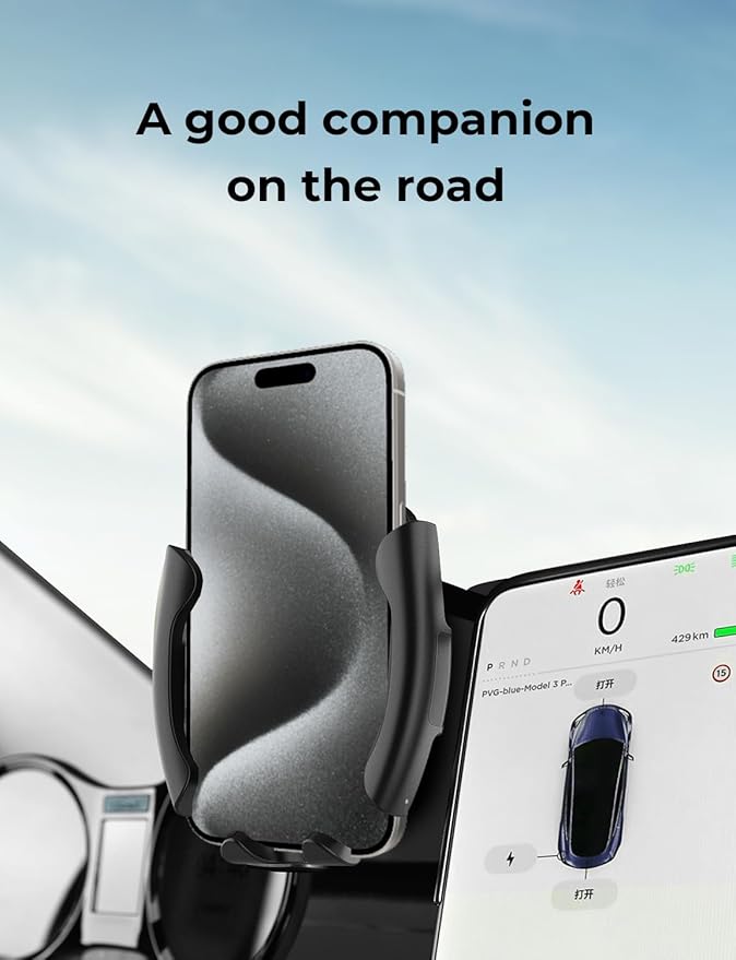 Tesla Phone Mount & Holder for Tesla Model Y (2019-2024) & Model 3 (2018-2023) - Premium Screen Dock Accessory with Dual-Side Clamp, ABS Base + Aircraft Aluminum Arm, Silent Anti-Slip Design
