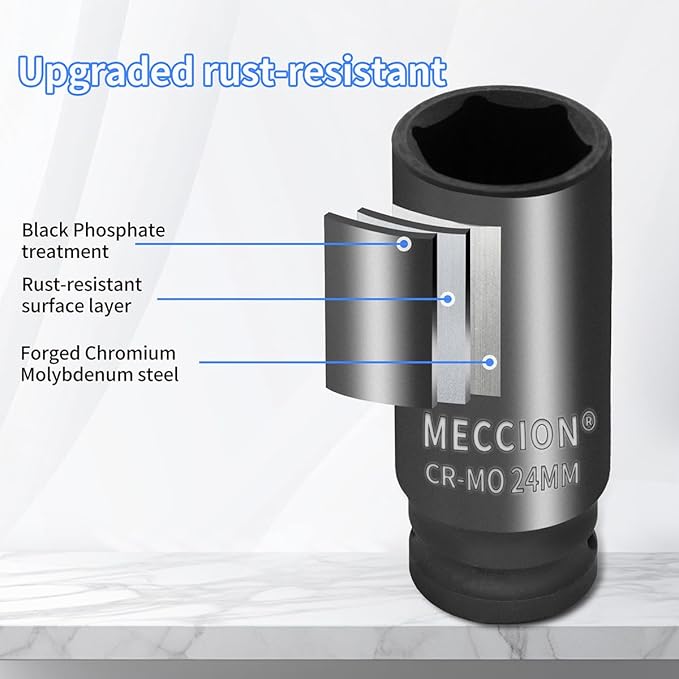 Meccion 1/2 Inch Drive Impact Socket 32mm Metric, 6 Point Cr-Mo Deep Impact Socket, 78mm Length