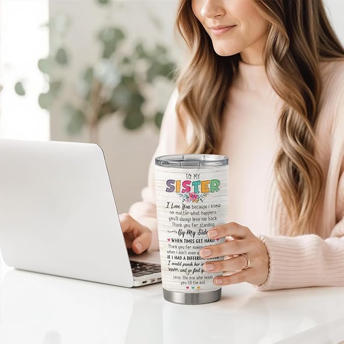 SANDJEST Sister Gifts 20oz Stainless Steel Insulated Travel Mug, Gifts for Women, Girls, Birthday, Christmas