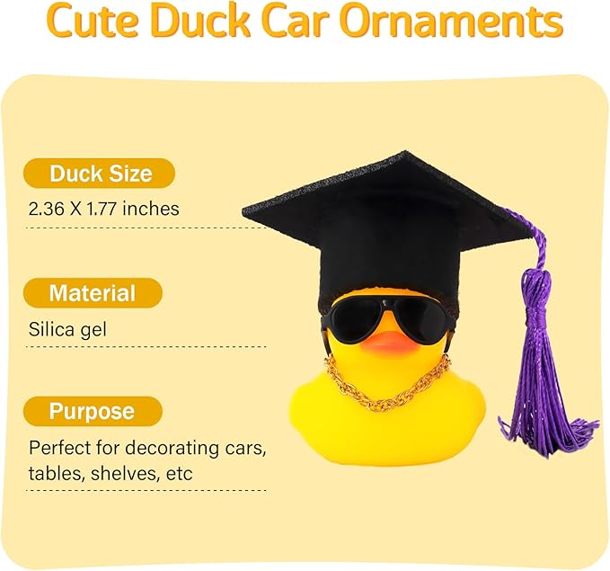 wonuu Car Dashboard Decor Graduation Hat Rubber Duck, Car Ducks Ornaments with Mini Hat Necklace Sunglasses Scarf (Purple)