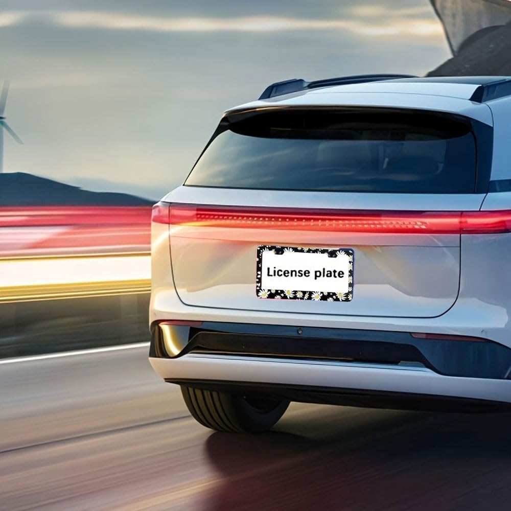 2 Pack Universal Daisy Floral License Plate Frame - Heavy Duty Rustproof Aluminum Matte Black Daisy Car Tag Holder Cover Bracket Fits All Vehicles, Easy Install with Screws Included