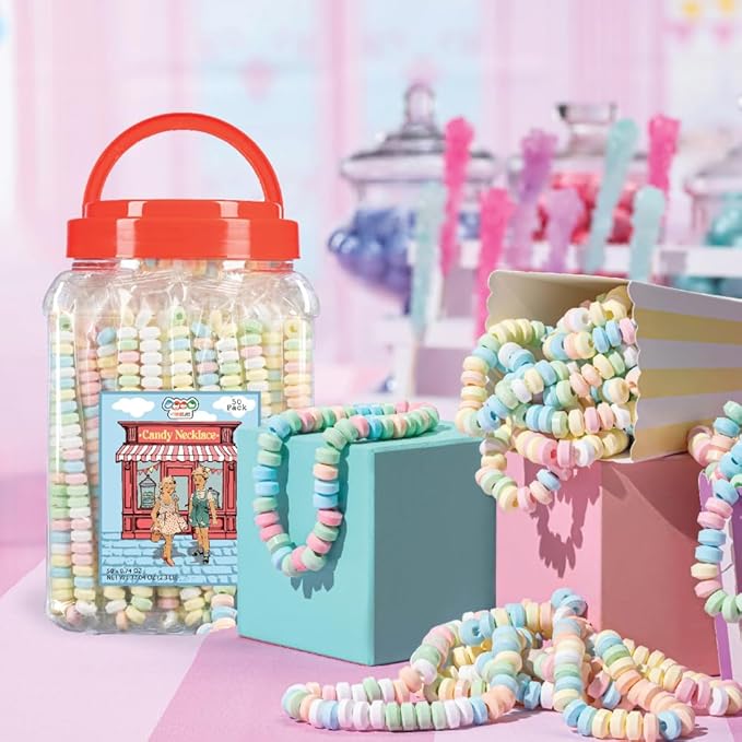 50 Candy Necklaces Individually Wrapped, Choker Style, Nostalgic Pastel Candy Jewelry Perfect for Party Favors, Pinata Fillers and Goodie Bags, Packed in a Convenient Display Tub, By 4YoreElves