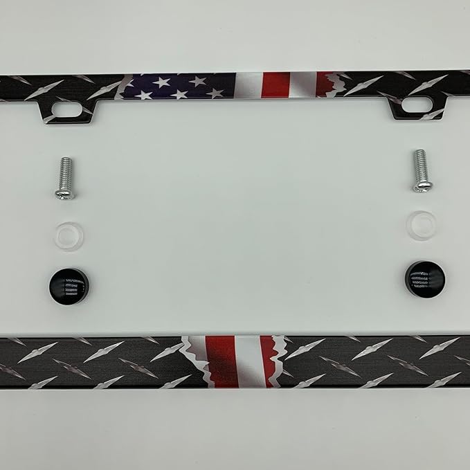 American Flag Metal Diamond Plate Texture Patriotic License Plate Frame Cover for Men/Women, Powder Coated Stainless Steel Auto Car Tag Frame with 2 Holes & Free Screws
