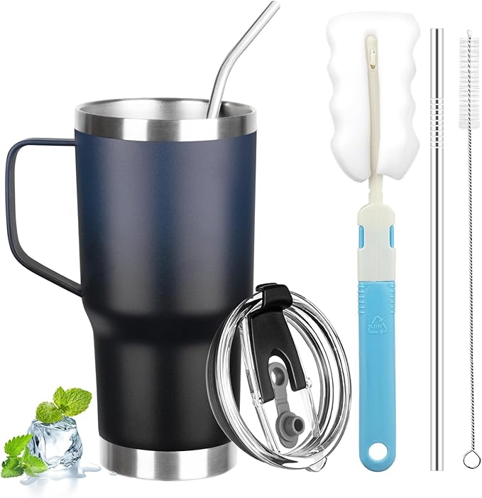 20 oz Tumbler with Handle, Stainless Steel Insulated Tumbler with Lid and Straw, Double Wall Vacuum Coffee Mug Cup, Insulated Coffee Thermal Cup for Cold and Hot (Blue Black)