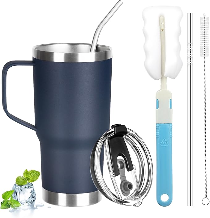 20 oz Tumbler with Handle, Stainless Steel Insulated Tumbler with Lid and Straw, Double Wall Vacuum Insulated Coffee Mug Tumbler, Insulated Coffee Thermal Cup for Cold and Hot (Navy Blue)