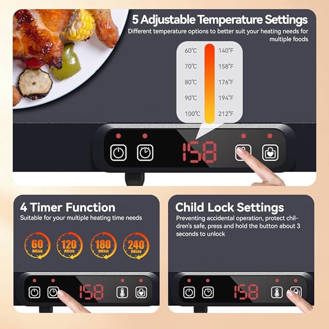 Electric Warming Tray, Fast Full Surface Heating Food Warming Mat, Portable Silicone Warmer with 5 Adjustable Temperature & Auto Shut-Off, Foldable Food Warmer for Parties, Gatherings, Daily Use