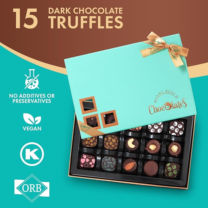 Vegan Dark Chocolate Truffles Gift Box, 15 Pieces of Chocolates Gift Box, Ultimate Assorted Chocolates for Birthdays, Holidays or Corporate Gifts, A Premium Kosher Chocolate Experience for Gifting