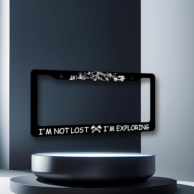 I'm Not Lost I'm Exploring License Plate Frame Camping License Plate Holder Funny Text Auto Parts Stainless Steel Universal Cars Decoration for Men Women 12.2" x 6.2"