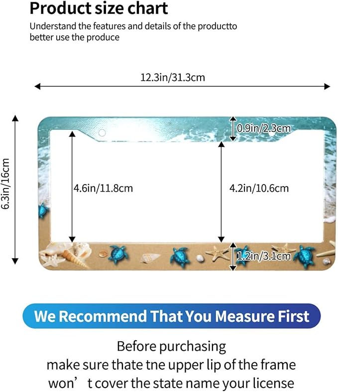 Sea Turtle License Plate Frame,Sea Turtle License Plate Frame for Women, Decorative Car Tag Frames Car Accessories Aluminum Metal Holder Cover 2 Holes 2 PCS Set for Women