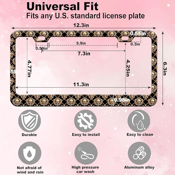 1pcs Brown Skulls License Plate Frame for Women, Skull Skeleton car Decorative tag Frames Girly,Halloween License Plate Cover Holder for Vehicle with Double Sided car Keychain tag