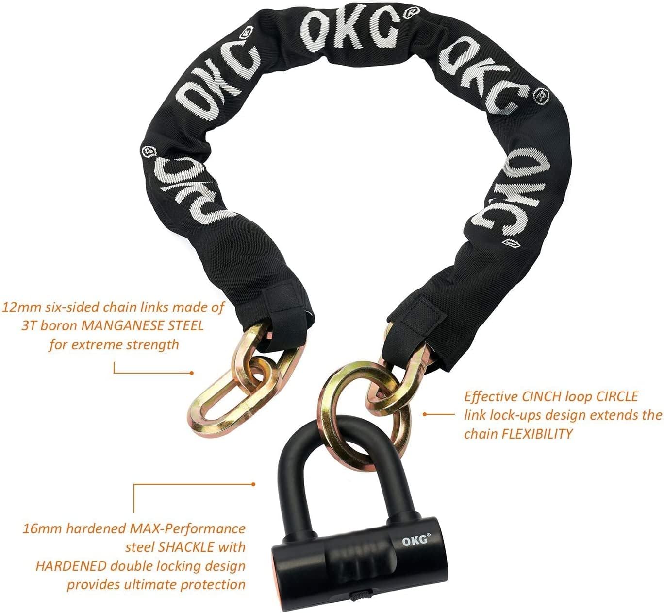 OKG Ultra Security Motorcycle Chain Lock, 4 Keys, 13lbs, 5 ft x 1/2in (12mm) Thick Motorcycle Lock Chain, Heavy Duty Chain Lock, High Security Cut Proof Chain Combo Anti Theft Heavy Duty Small U-Lock
