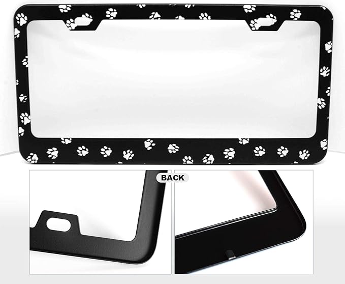 1pcs Black White Dog Paw Print License Plate Frame for Women, Pet Foot Print Car Tag Frames Girly for Vehicle with Non Adhesive Electrostatic Sticker