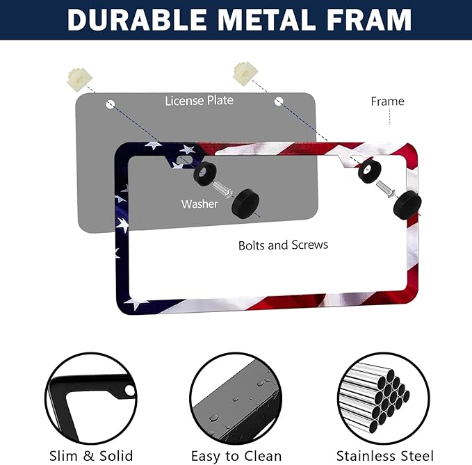 LIN KANG Patriotic American Flag License Plate Frame Holder - 2 Pack Universal Aluminum Matte Stripe US Flag Gloss Car Plate Frame Covers with 2 Holes and Screws Fasteners Caps