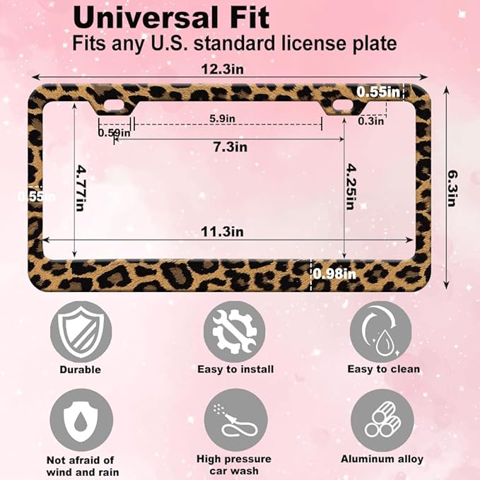 2pcs Brown Cheetah Leopard Print License Plate Frame for Women, Cheetah Leopard Brown car Decorative tag Frames Girly Animal License Plate Cover Holder for Vehicle with car Keychain tag