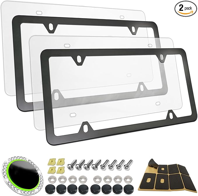 Clear License Plate Frames Covers- 2 Pack Flat Car Tag Protector and Black Aluminum Holder, Road Legal Unbreakable Acrylic Protective Shield with Screws Caps for Front Rear
