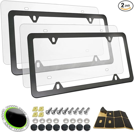 Clear License Plate Frames Covers- 2 Pack Flat Car Tag Protector and Black Aluminum Holder, Road Legal Unbreakable Acrylic Protective Shield with Screws Caps for Front Rear