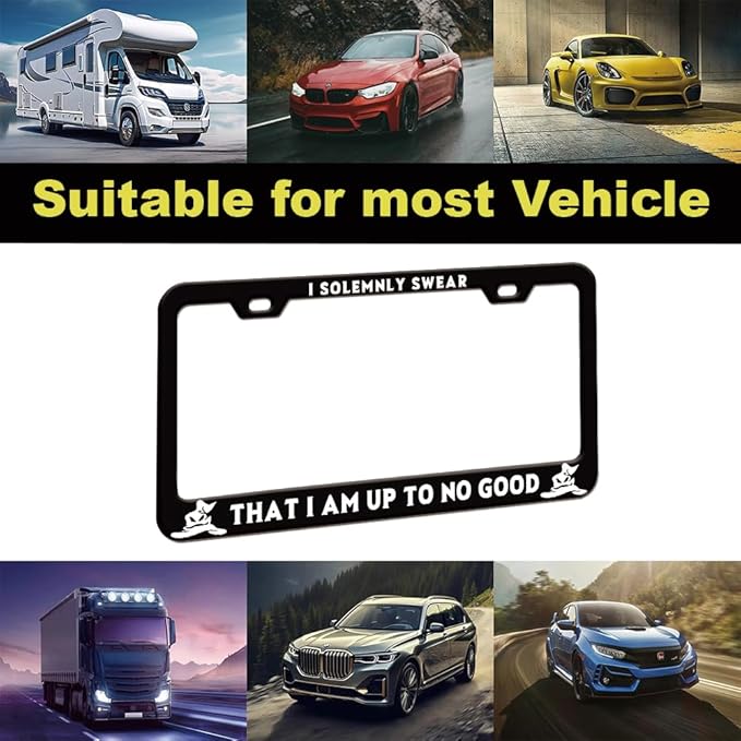 1pcs I Solemnly Swear That I Am Up to No Good License Plate Frame for Women, Funny car Decorative tag Frames Girly, License Plate Cover Holder for Vehicle with Double Sided car Keychain tag