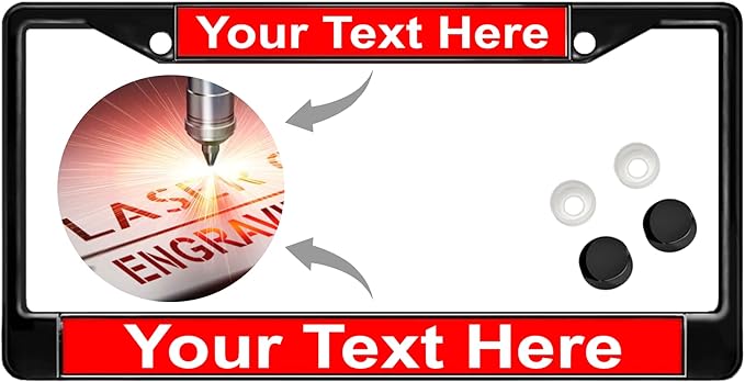 Custom Personalized Black Powder-Coated Metal Laser Engraved Standard Size - Car/Automobile License Plate Frame with Free caps - Red/White Text (Qty: 1 Frame)