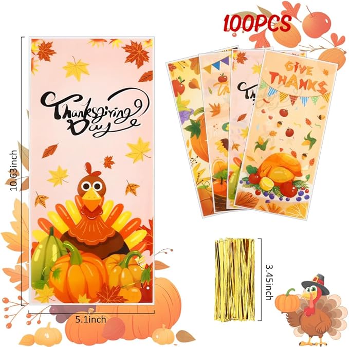 100 PCS Fall Treat Bags(5.1x10.6 Inch) with Ties Thankgiving Turkey Goodie Candy Gifts Bags Bulk Autumn Pouches for Thanksgiving Home Party Favors Supplies Decorations Friendsgiving Cellophane Bag