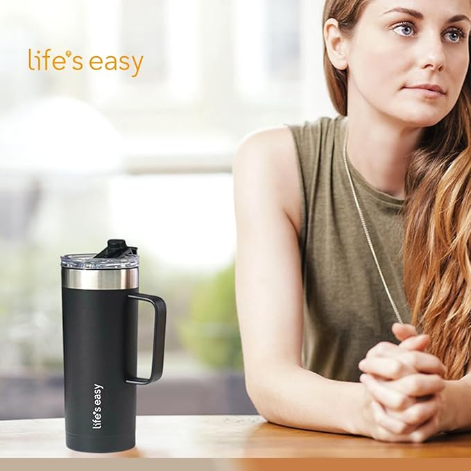 Life's Easy 20oz Stainless Steel Mug w/Handle - Double Wall Insulated Travel Tumbler w/Flip Lid - Leak Proof Tumbler-Thermal Cup for Coffee, Tea & More - Keep Hot & Cold Drinks (Black, 20 oz)
