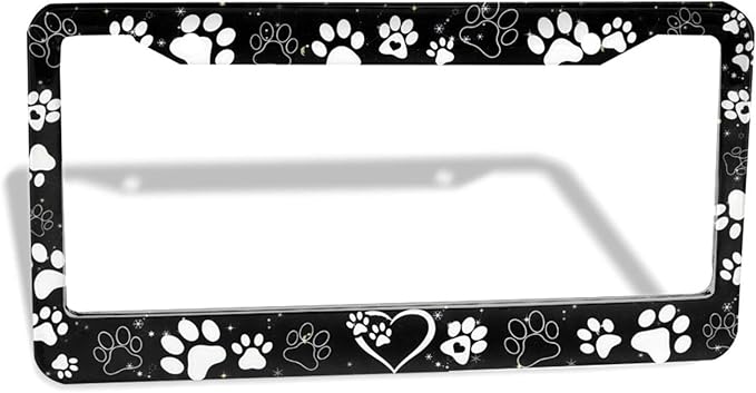 Paw Print License Plate Frame - 1 Pack Personalized Black White Dog Paw License Plate Holder Aluminum Metal Car Tag Cover with 2 Holes Decorative for US Vehicle Standard for Women Men