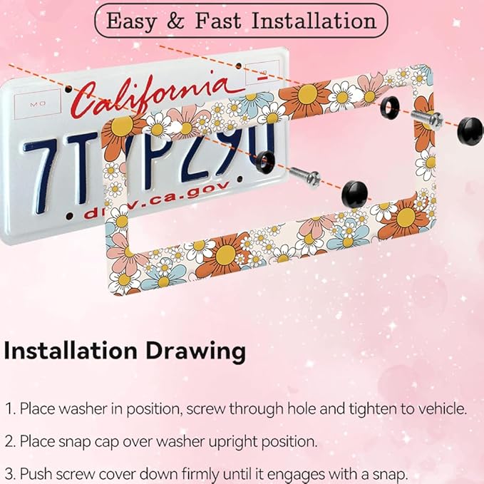 2pcs Colorful Dasiy Floral License Plate Frame for Women,Orange Floral car Decorative tag Frames Girly,Vintage Dasiy Flowers Plant Theme License Plate Cover Holder for Vehicle with car tag Keychain
