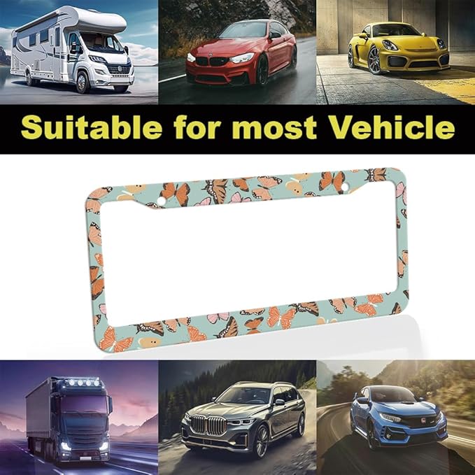 2pcs Brown Butterflies License Plate Frame for Women, Butterfly car Decorative tag Frames Girly,Inspirational Butterfly License Plate Cover Holder for Vehicle with Double Sided car Keychain tag