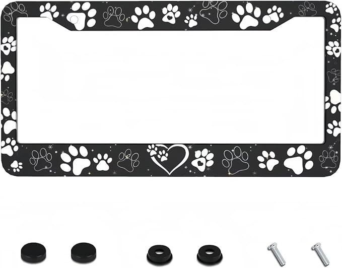 Paw Print License Plate Frame - 1 Pack Personalized Black White Dog Paw License Plate Holder Aluminum Metal Car Tag Cover with 2 Holes Decorative for US Vehicle Standard for Women Men