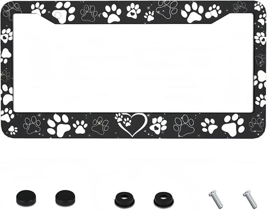 Paw Print License Plate Frame - 1 Pack Personalized Black White Dog Paw License Plate Holder Aluminum Metal Car Tag Cover with 2 Holes Decorative for US Vehicle Standard for Women Men